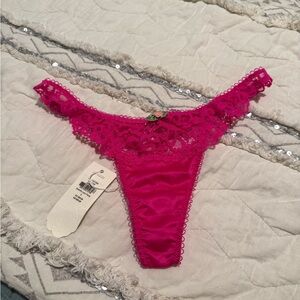 For Love & Lemons Hot Pink Lace-Trim Satin Thong